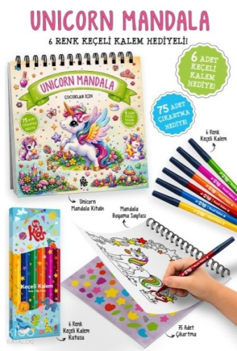 Çocuklar İçin Unicorn Mandala (6 Renk Keçeli Kalem ve 75 Adet Çıkartma Hediye!)
