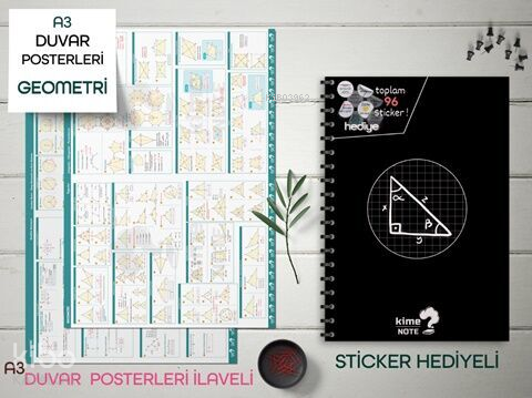 Kime Note TYT Kareli Geometri Okul Defteri Konu Anlatımlı 2 Büyük Poster ve 96 Sticker Hediye